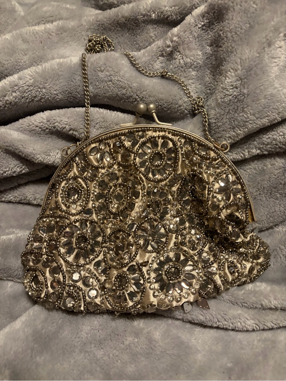 Champagne Beaded Evening Bag Rhinestone Floral Kiss Lock Clutch Y2K Glam
